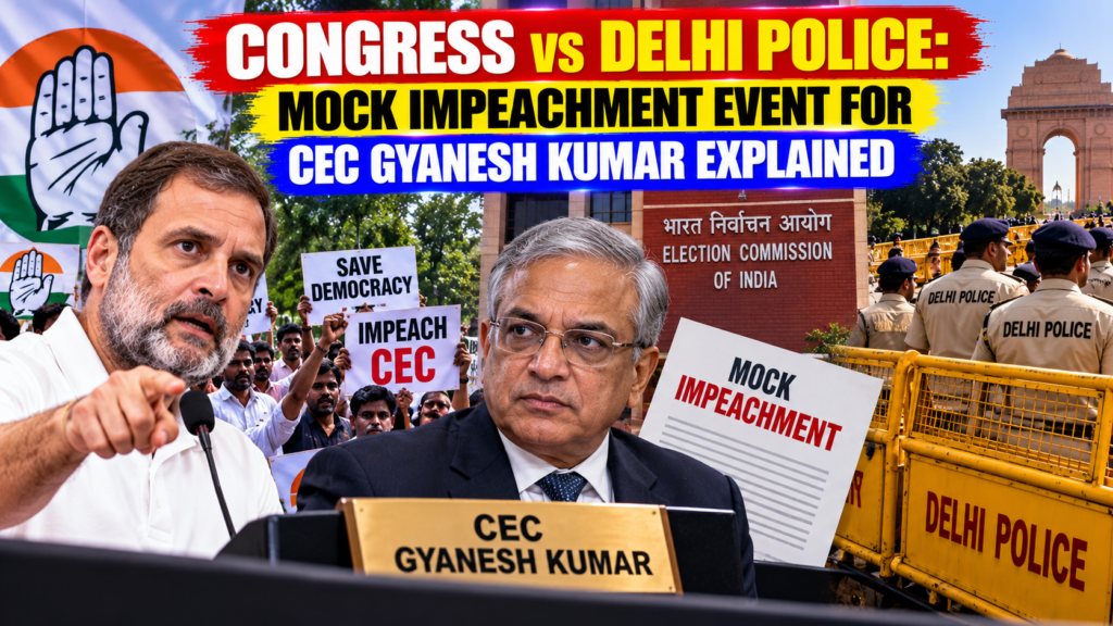 Congress leaders discuss the planned mock impeachment event involving Chief Election Commissioner Gyanesh Kumar in New Delhi.