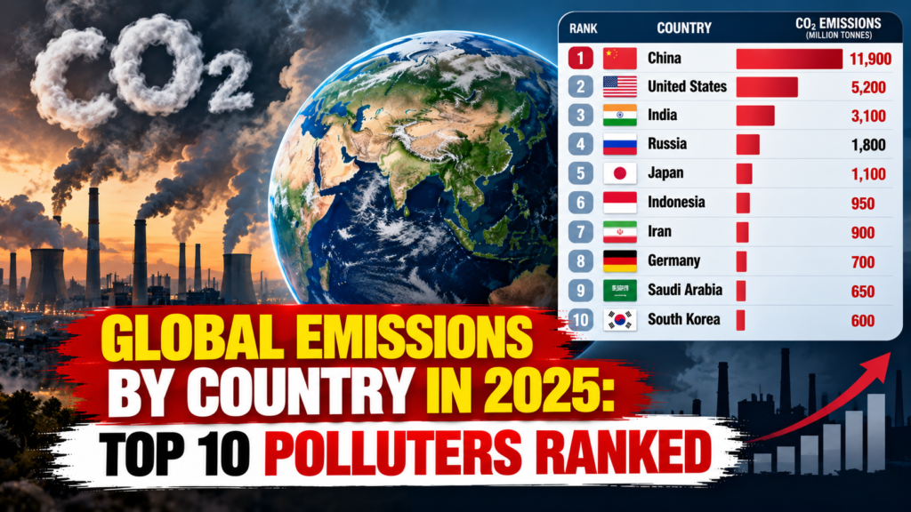 Global emissions by country in 2025 showing China, the United States and India among the top greenhouse gas emitters