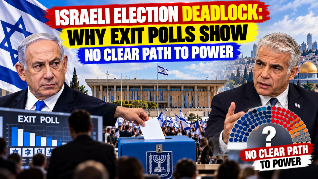 Israeli election deadlock as exit polls show a close contest between Benjamin Netanyahu and Gadi Eisenkot.