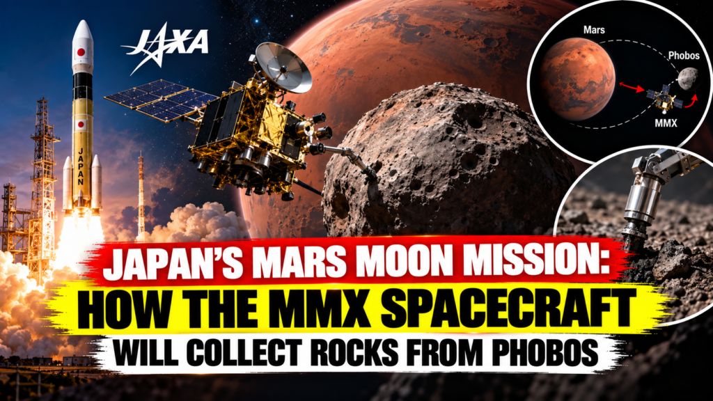 Japan Mars moon mission MMX spacecraft collecting samples from Phobos